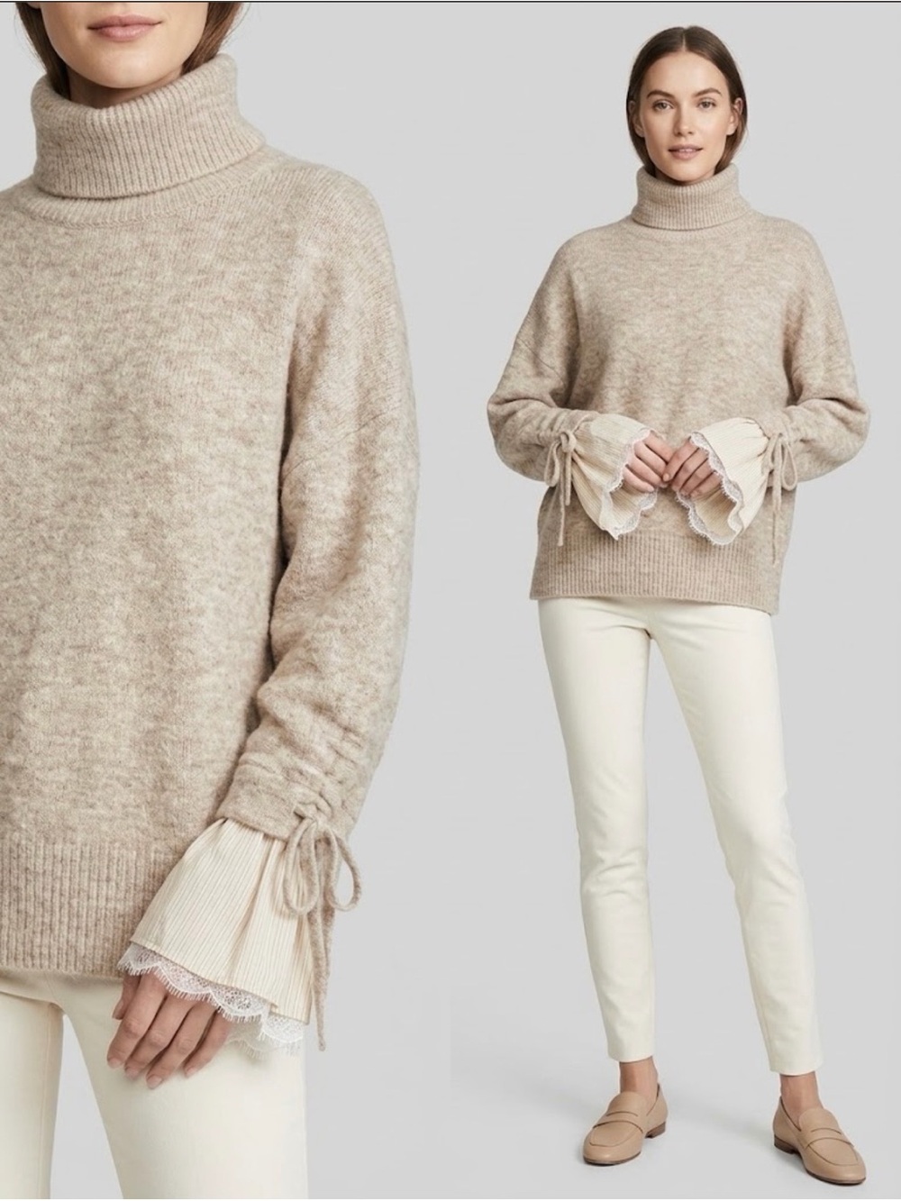 NWT Cinq a Sept Atlas Wool Blend Turtleneck Sweater Lace Cuff Oatmeal XS $365